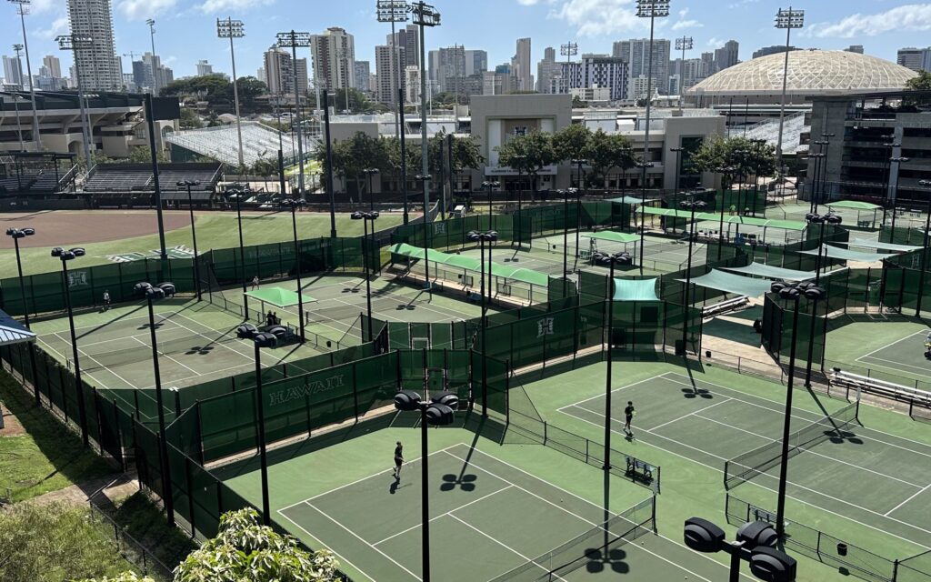 Tennis court with windscreen